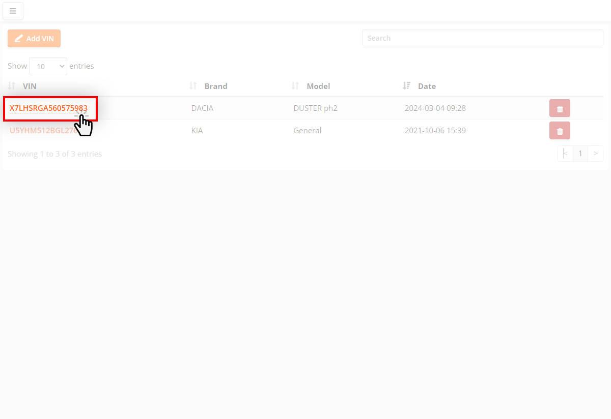 Wählen Sie die FIN-Nummer des Fahrzeugs und das Besuchsdatum.
